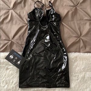 Black leather mini dress